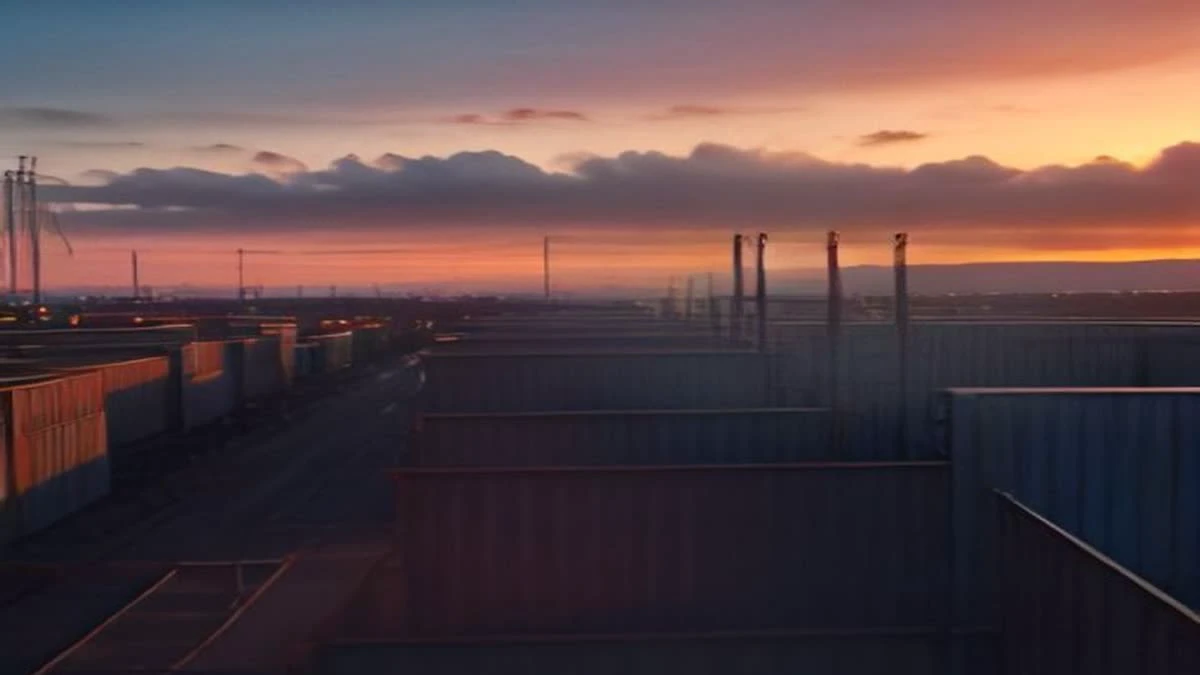 over-the-shoulder view of a shipping container yard at golden hour with cranes in the background, overcast diffused light