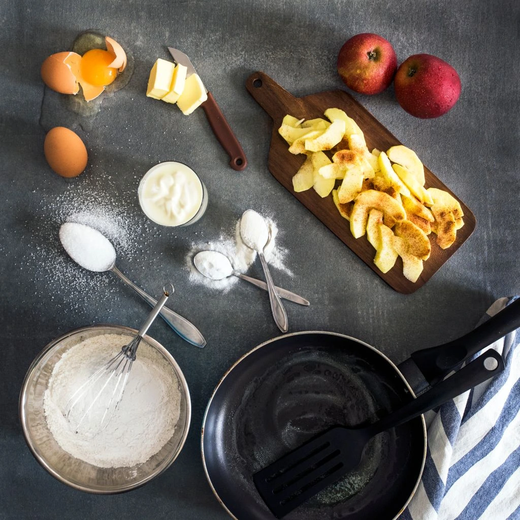 Brown-butter apple cake in a ceramic bowl