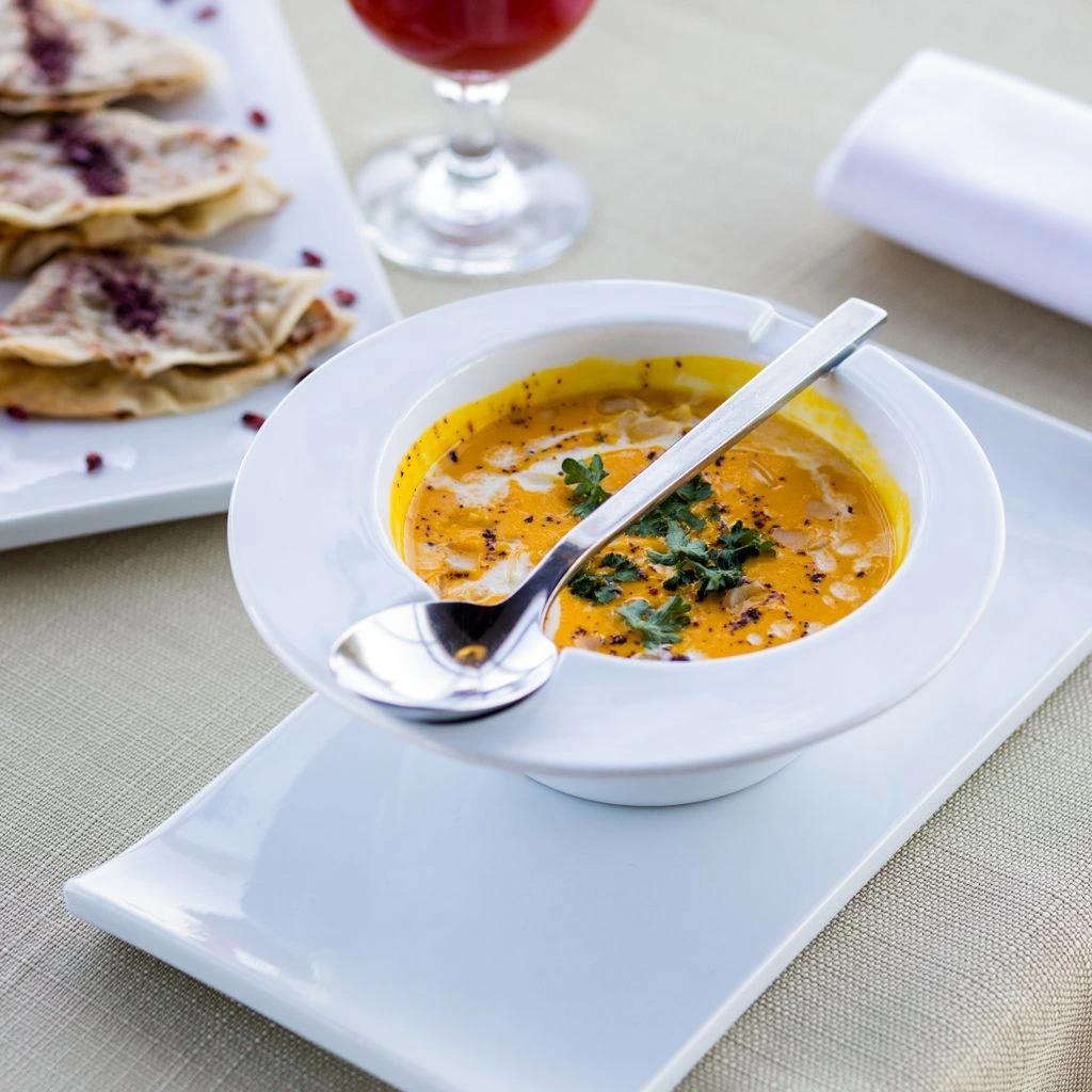 Roasted pumpkin soup with brown butter and pepitas